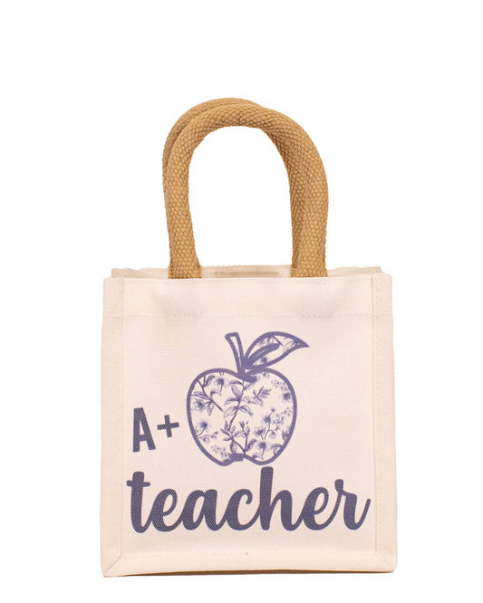 A+ Teacher Petite Gift Tote   White/Blue   7x7x5