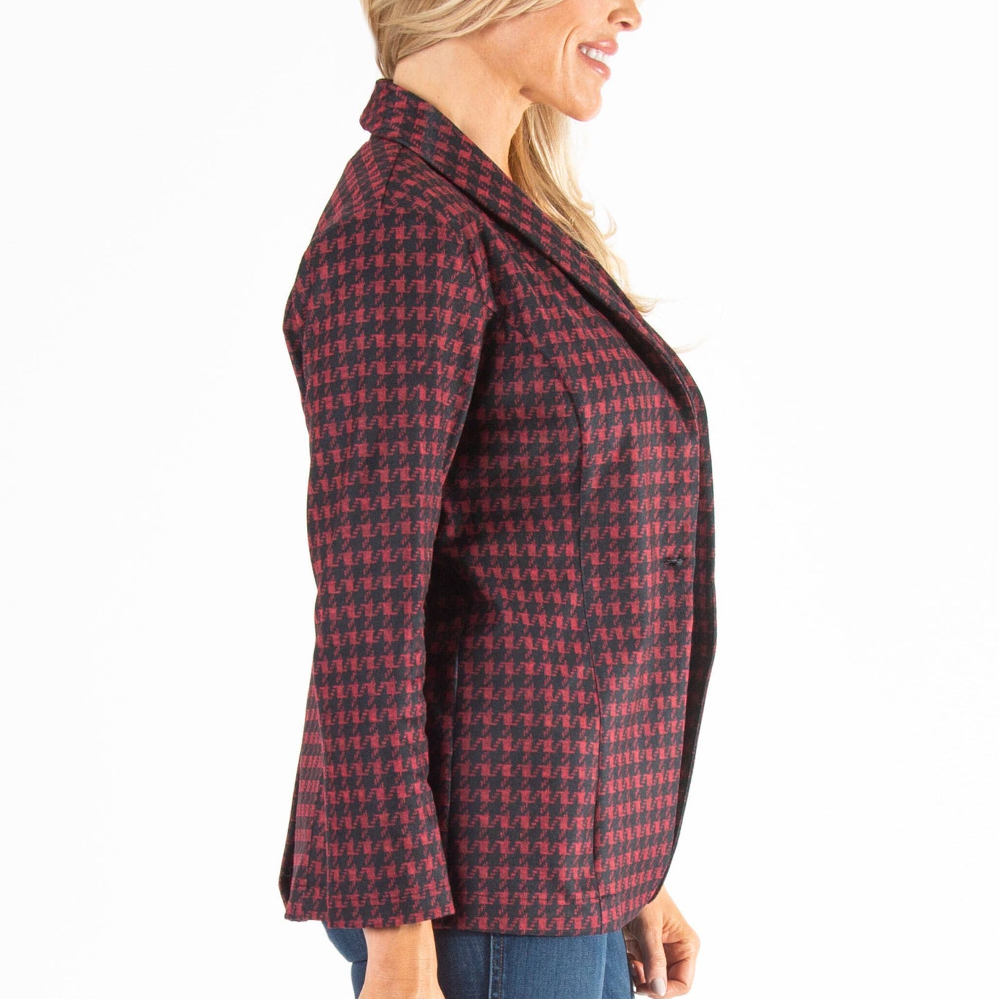 Nadia Long Sleeve Houndstooth Stretch Blazer: Ruby Houndstooth / L/XL