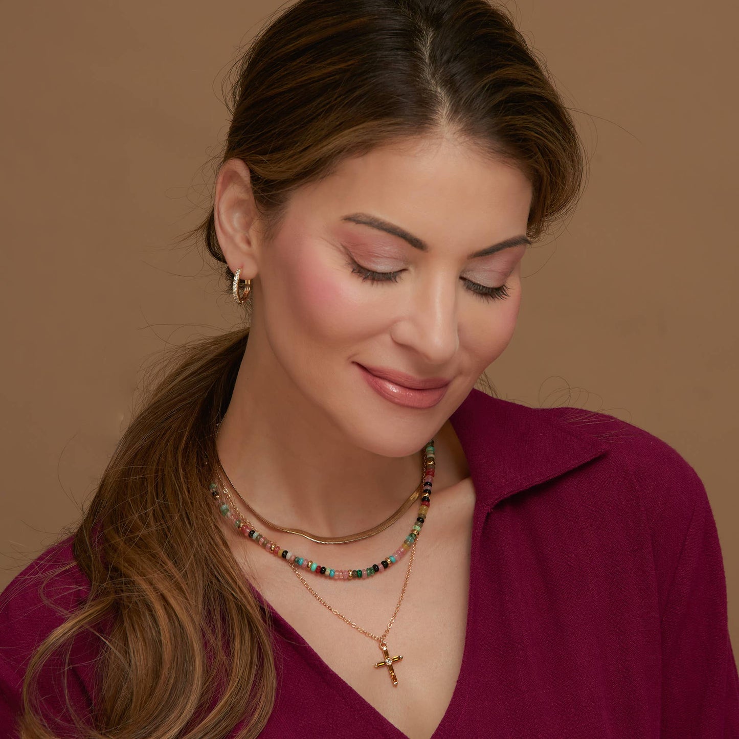 Eliana Beaded Layered Cross 18" Pendant Necklace: Gold