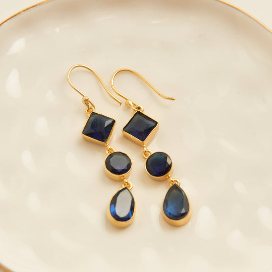 Tahani 18K Gold Linked Quartz Gemstone Drop Earrings: Blue Quartz
