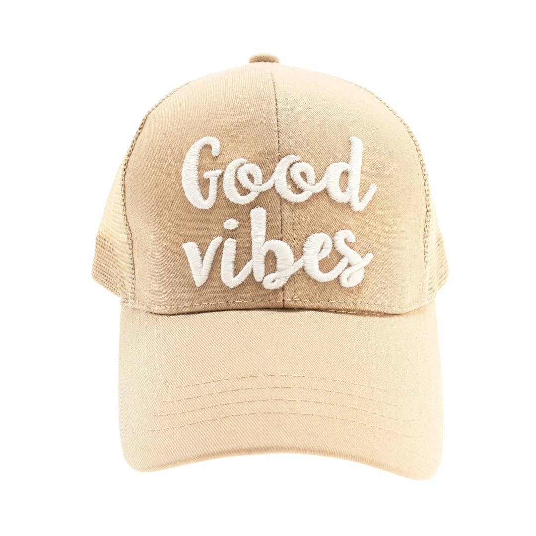 Good Vibes Embroidered Mesh Back High Ponytail CC Ball Cap BT10-GV: White