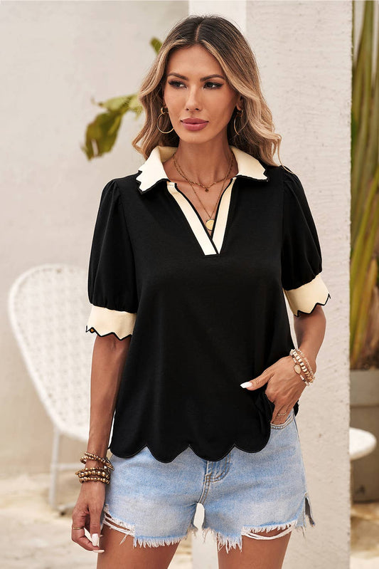 LDC Color Contrast Collared V Neck Puff Sleeve Blouse: Black / XL