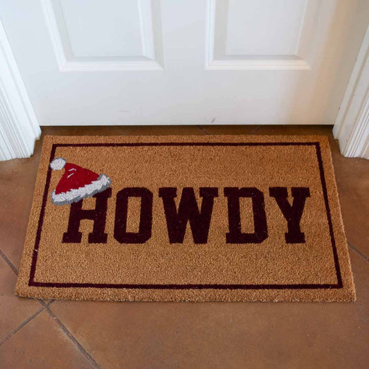 Santa Hat Howdy Coir Doormat   Natural/Maroon/Red   30x18