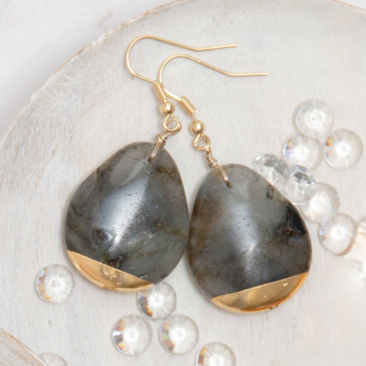 Nalani Teardrop Genuine Stone Gold Dipped Drop Earring: Obsidian