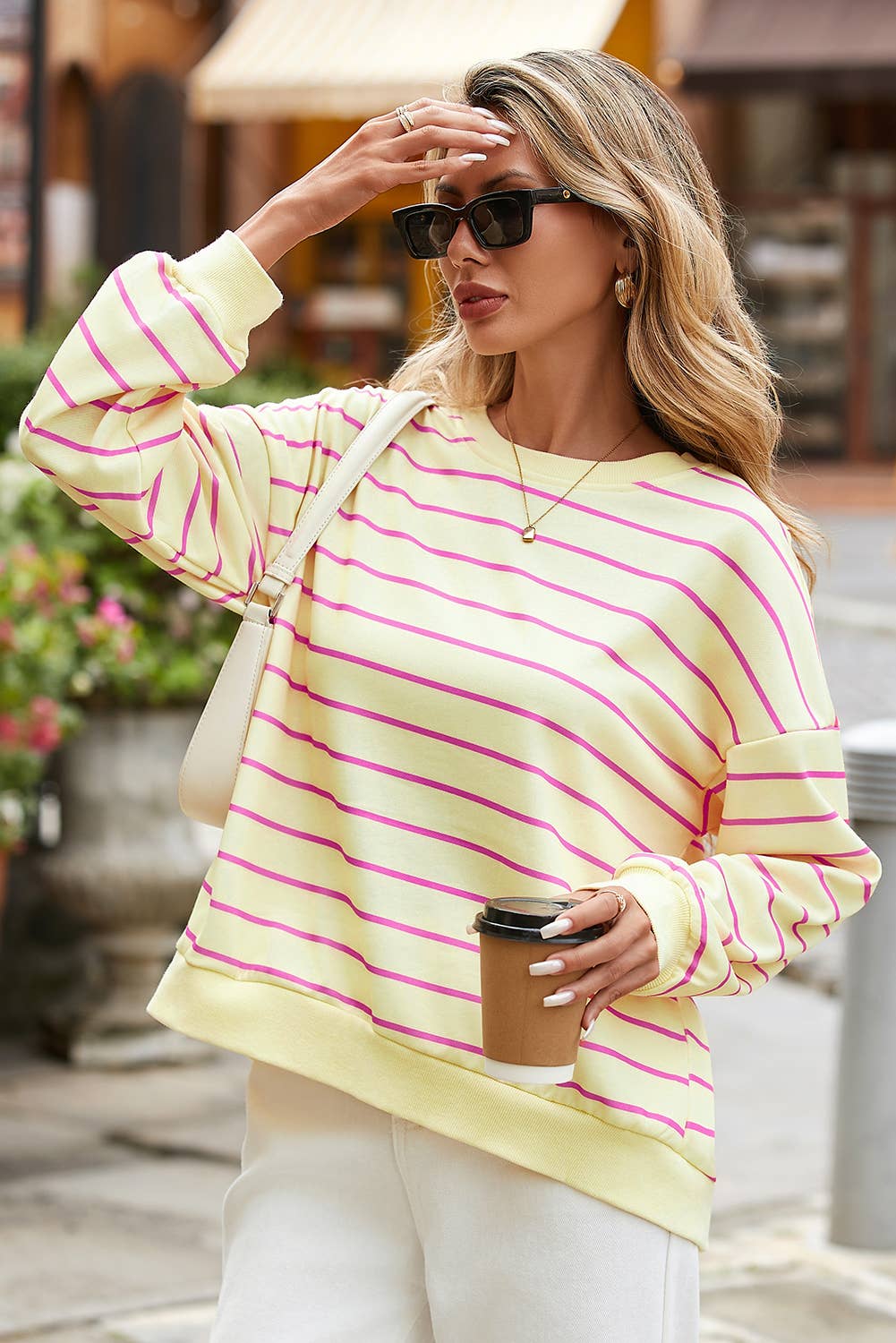 LDC Stripe Stylish Overlap Detail Drop Shoulder Sweatshirt: Yellow / M