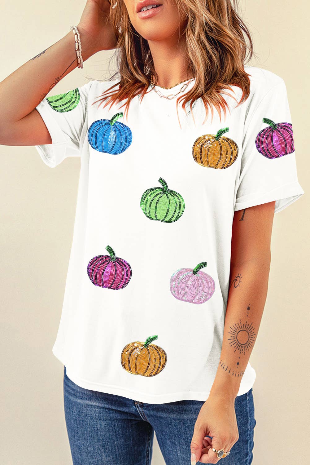LDC Sequin Pumpkin Patched Cotton Blend T Shirt: White