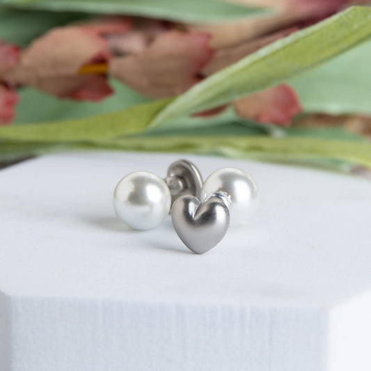 Reversible Heart and Bead Nickel-Free Stud Earrings: Silver