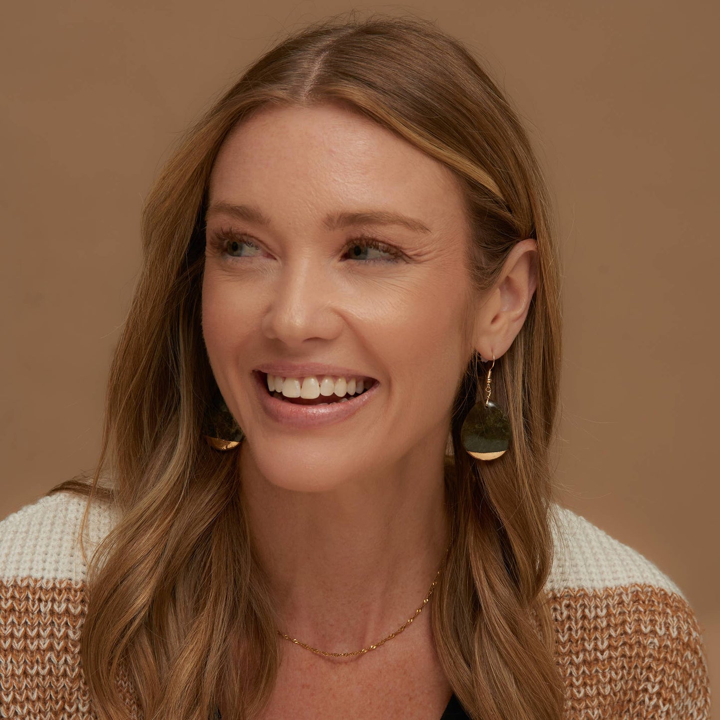 Nalani Teardrop Genuine Stone Gold Dipped Drop Earring: Obsidian