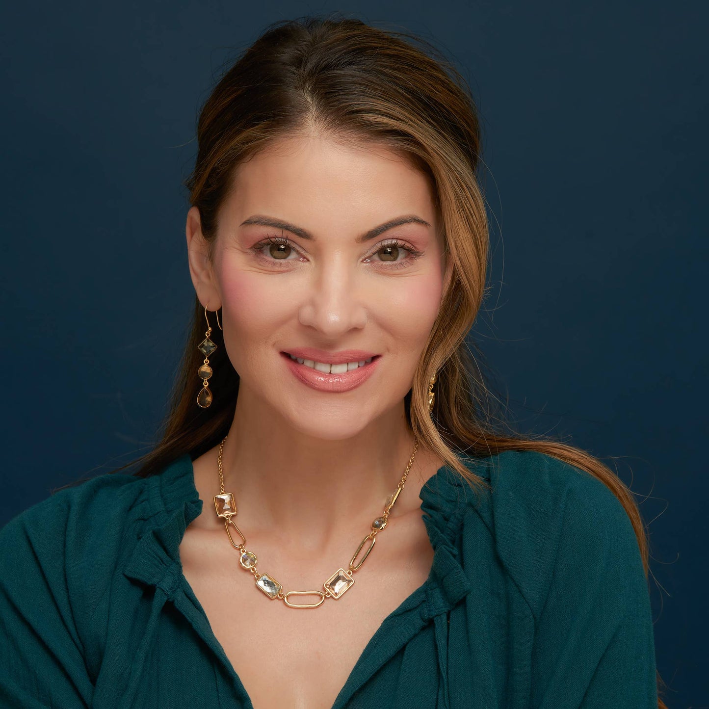 Tahani 18K Gold Linked Quartz Gemstone Drop Earrings: Blue Quartz