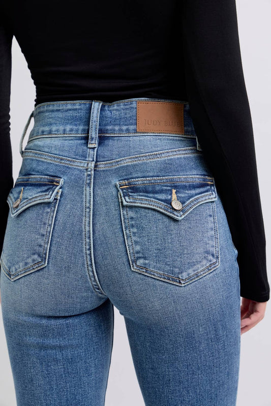 High Waisted Flare with Buttoned Black Flack Pockets