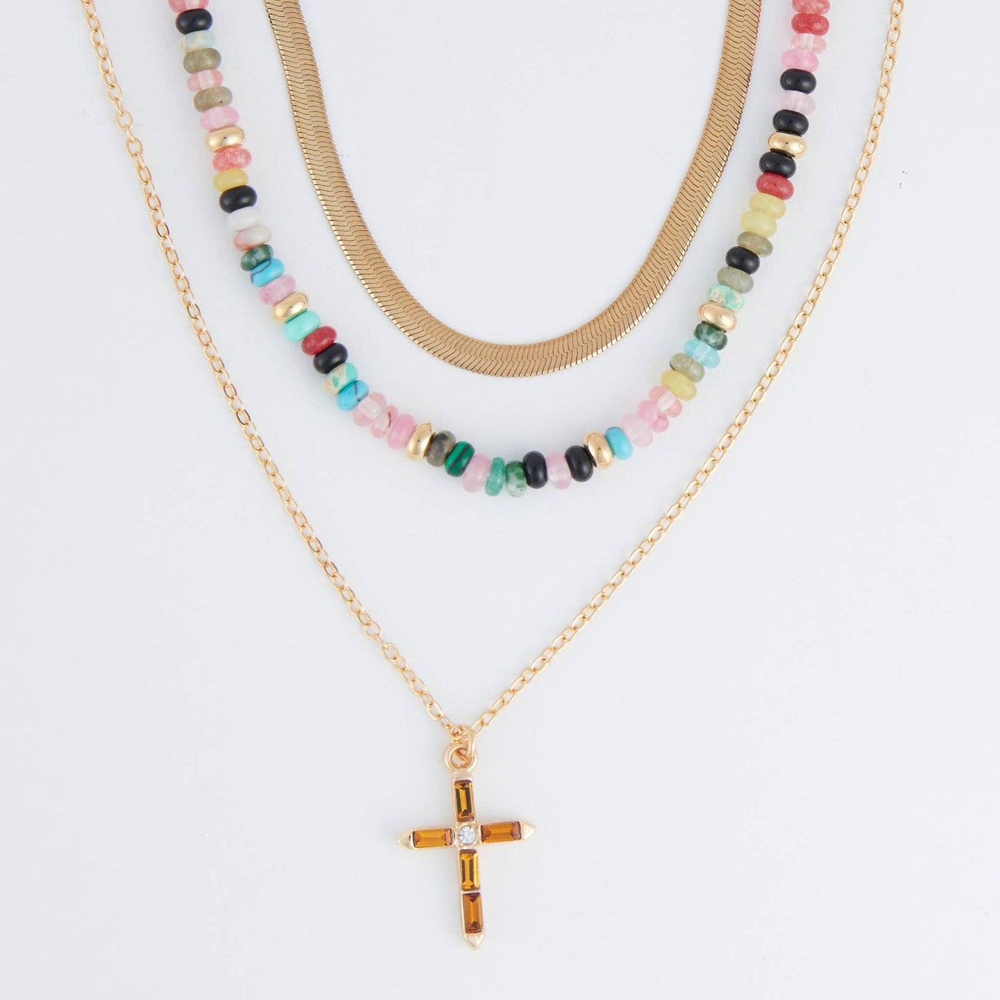 Eliana Beaded Layered Cross 18" Pendant Necklace: Gold