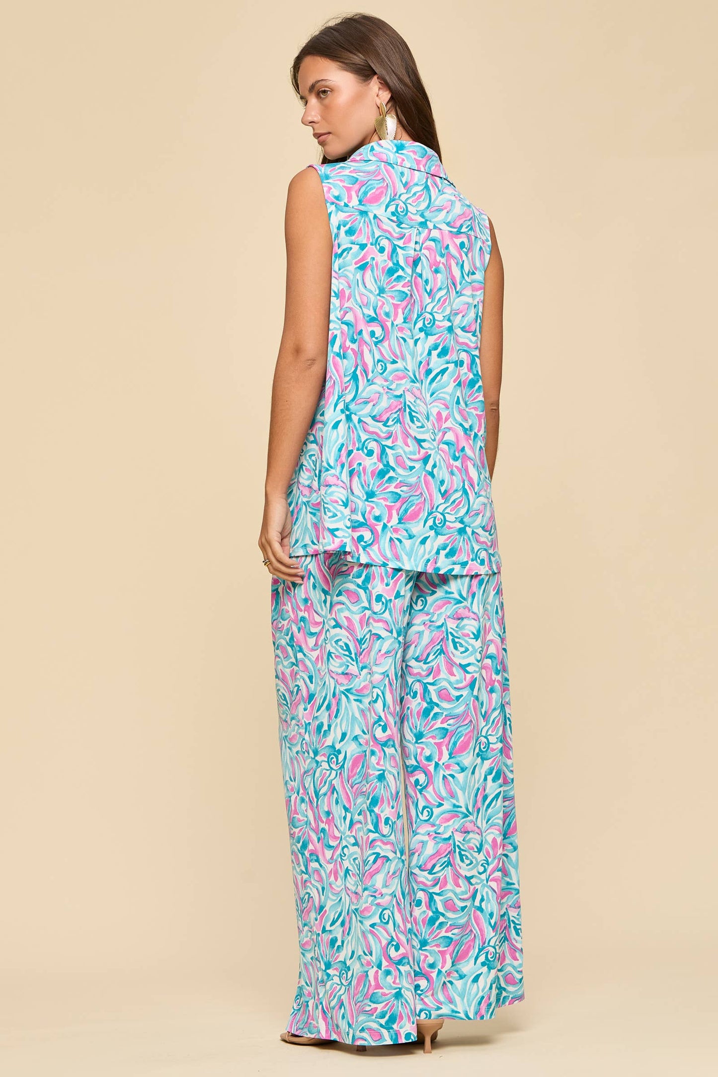 2-Piece Tank + Relaxed Pants Resort Wear Set: AQUA PINK