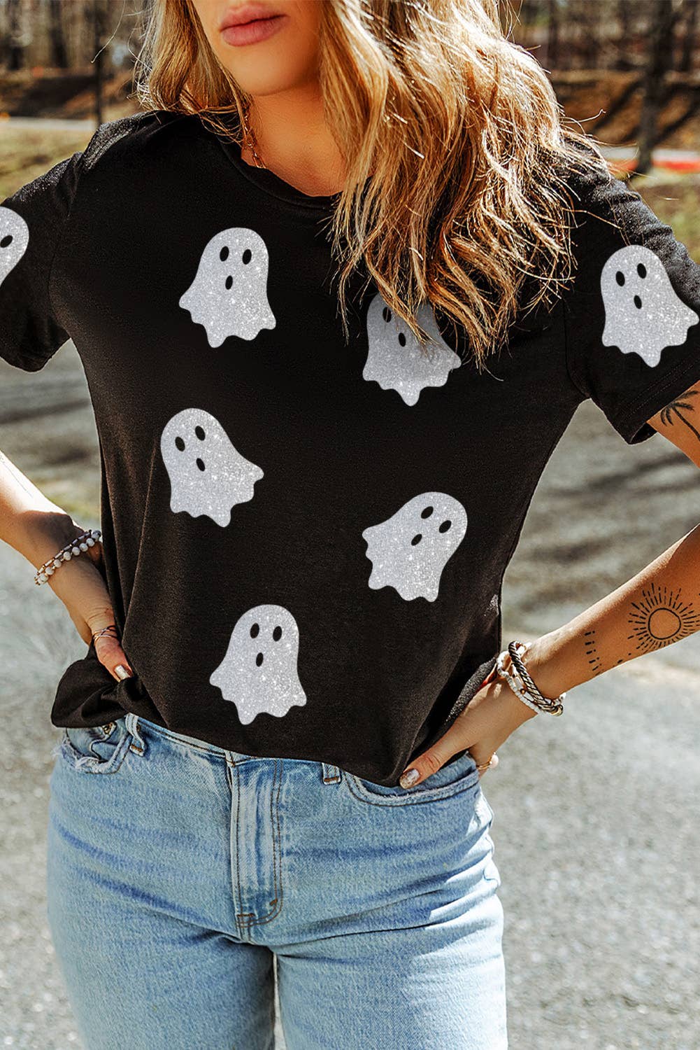 LDC Glitter Ghost Pattern Crew Neck Halloween Graphic Shirt: Black / 2XL