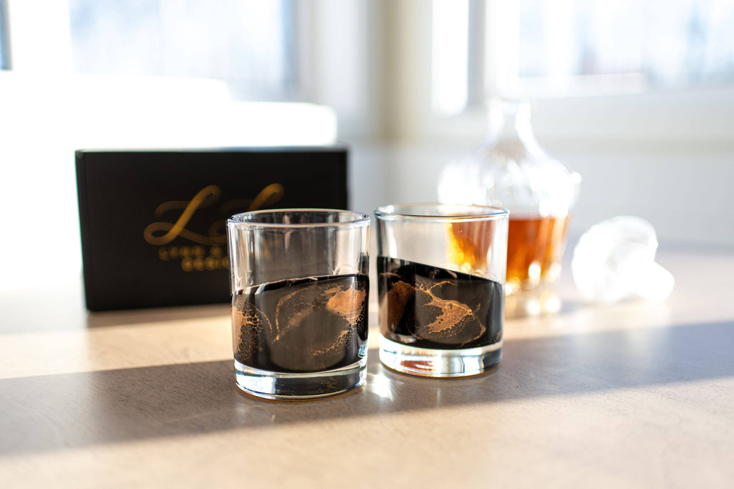 NEW!!! Resin Coated Old Fashioned Whisky Glasses Gold Quartz