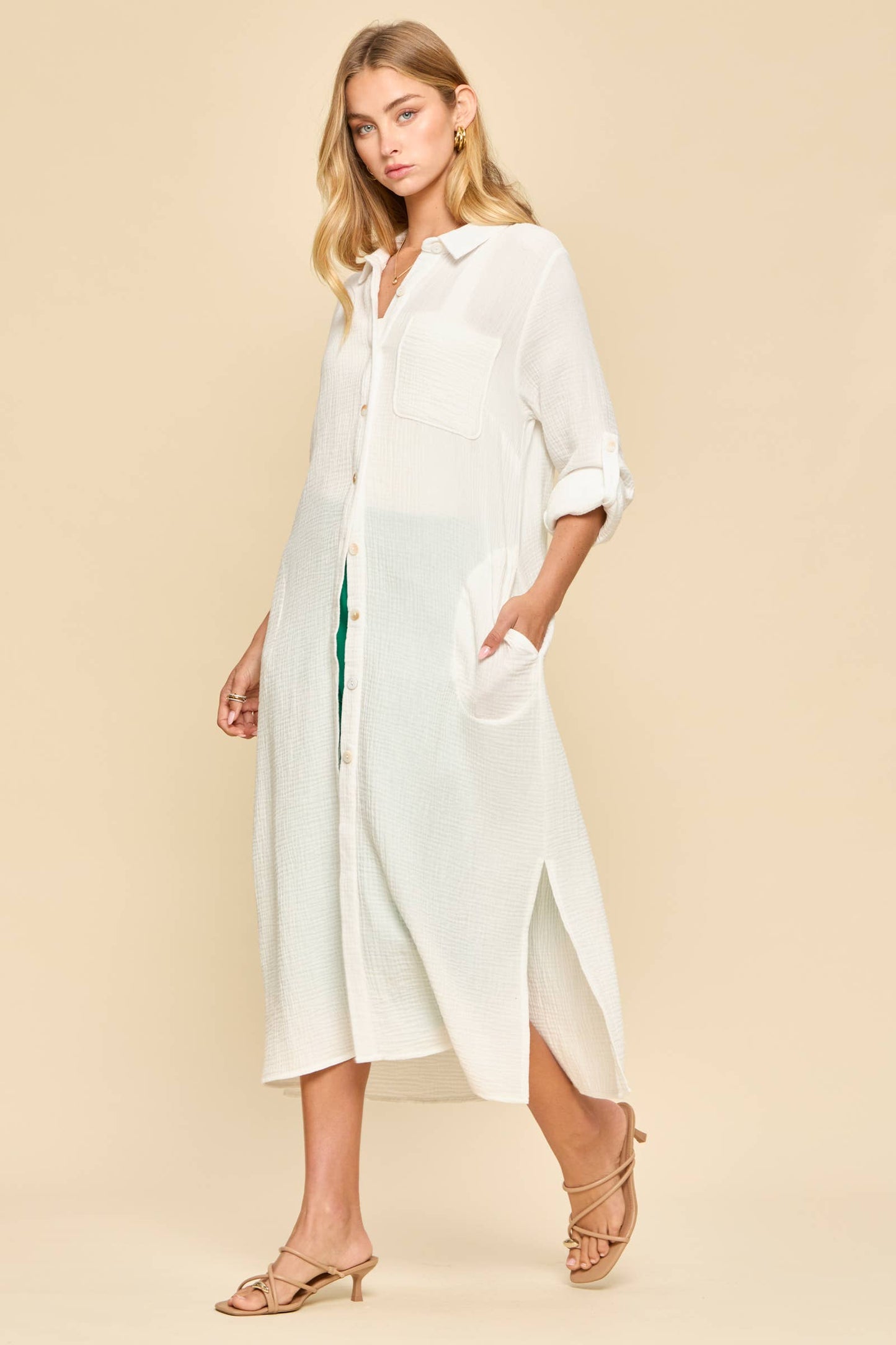 Breathable Cotton Button-Down Duster: PEACH SORBET