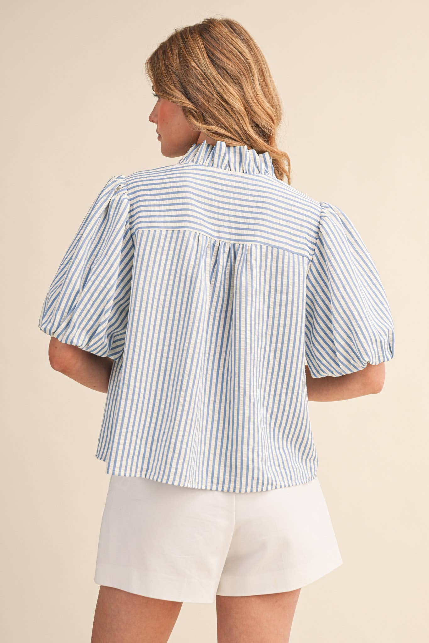 STRIPED RUFFLED BUTTON DOWN TOP