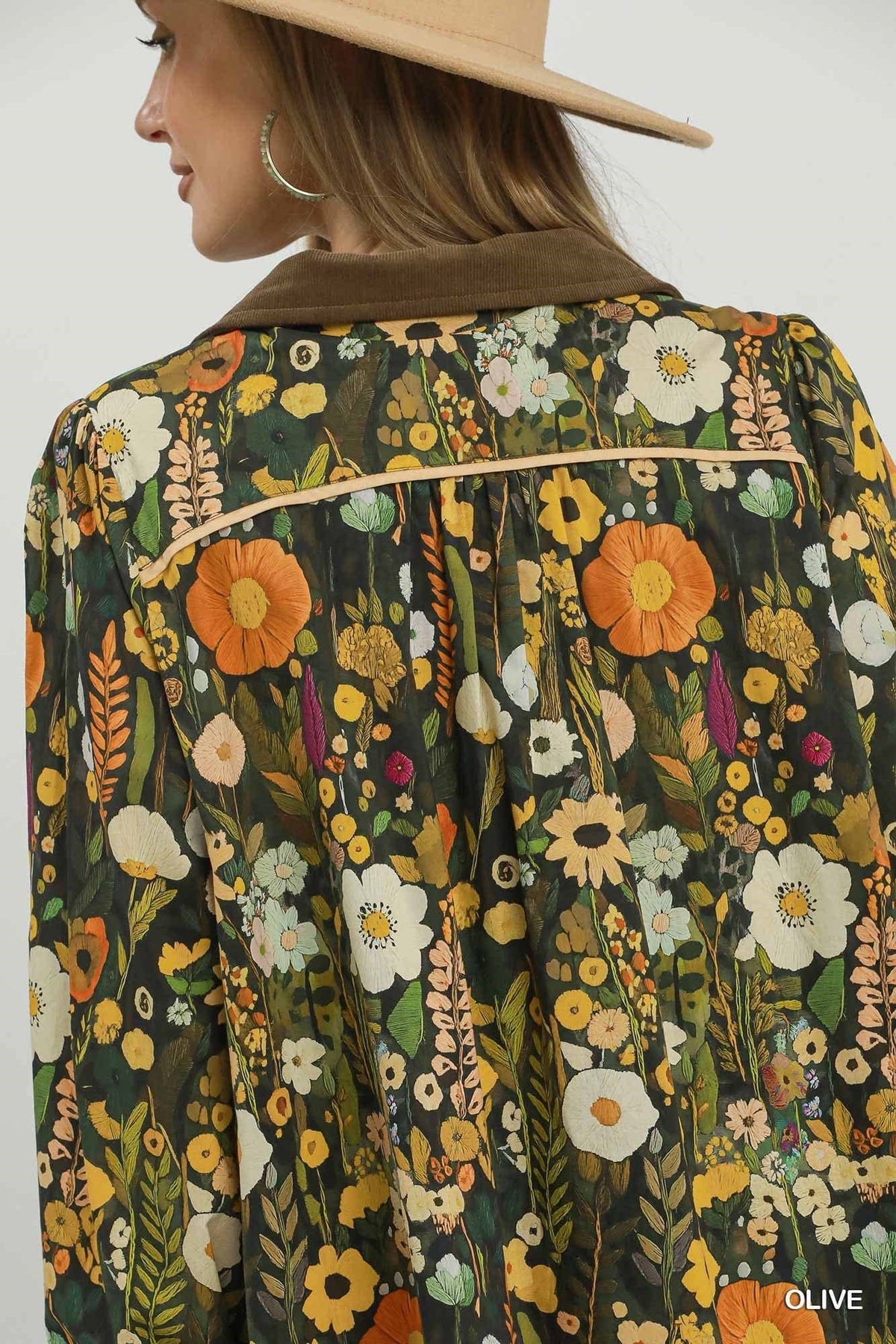 Floral Print Smocked Yoke Babydoll Dress: OLIVE