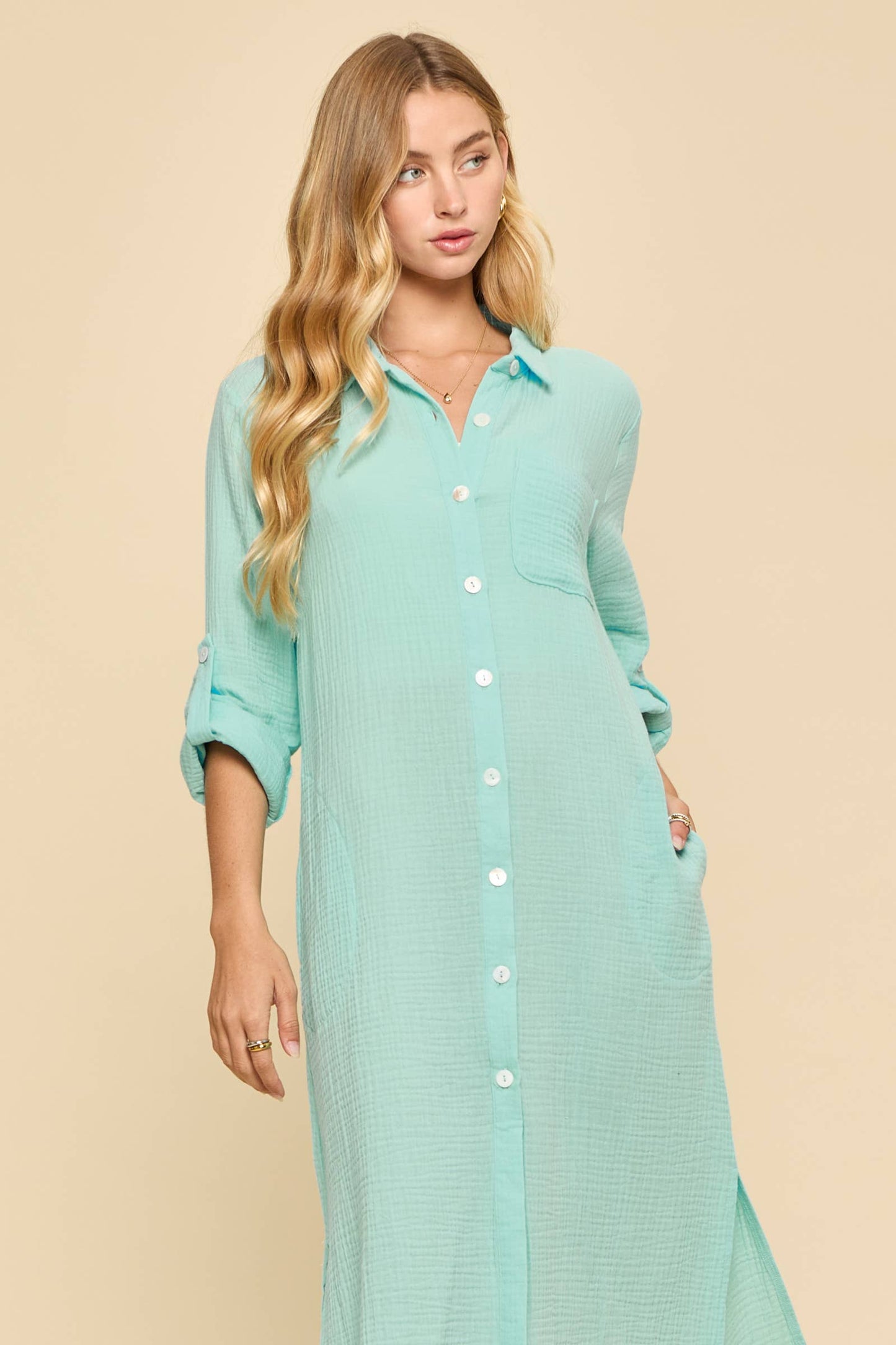 Breathable Cotton Button-Down Duster: PEACH SORBET