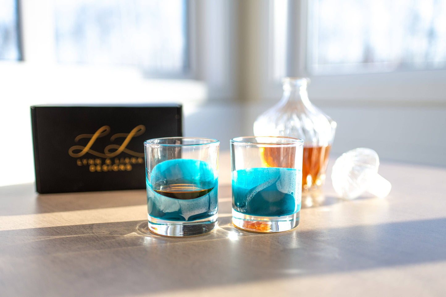 NEW!!! Resin Coated Old Fashioned Whisky Glasses -Navy White Metallic