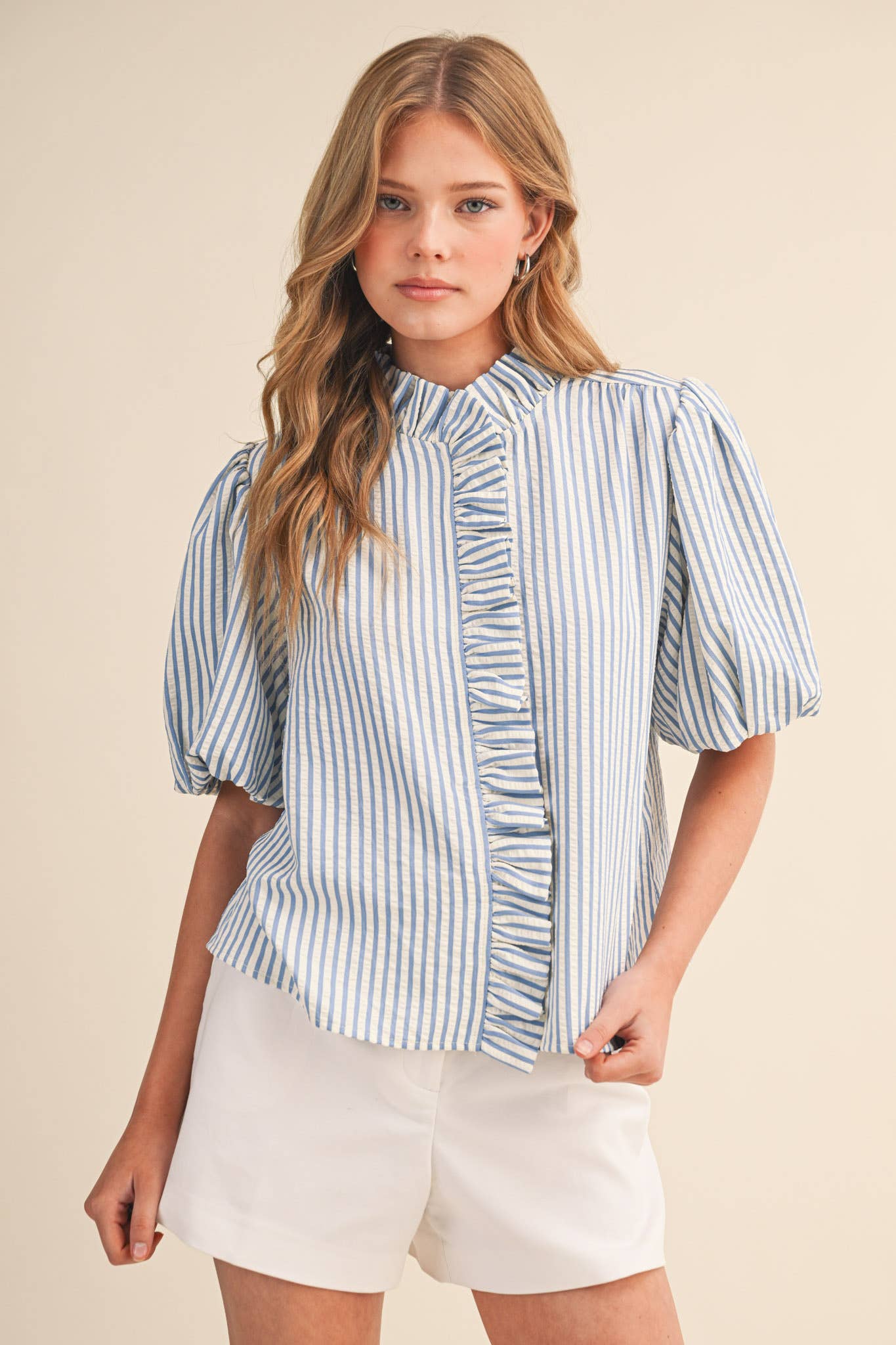 STRIPED RUFFLED BUTTON DOWN TOP