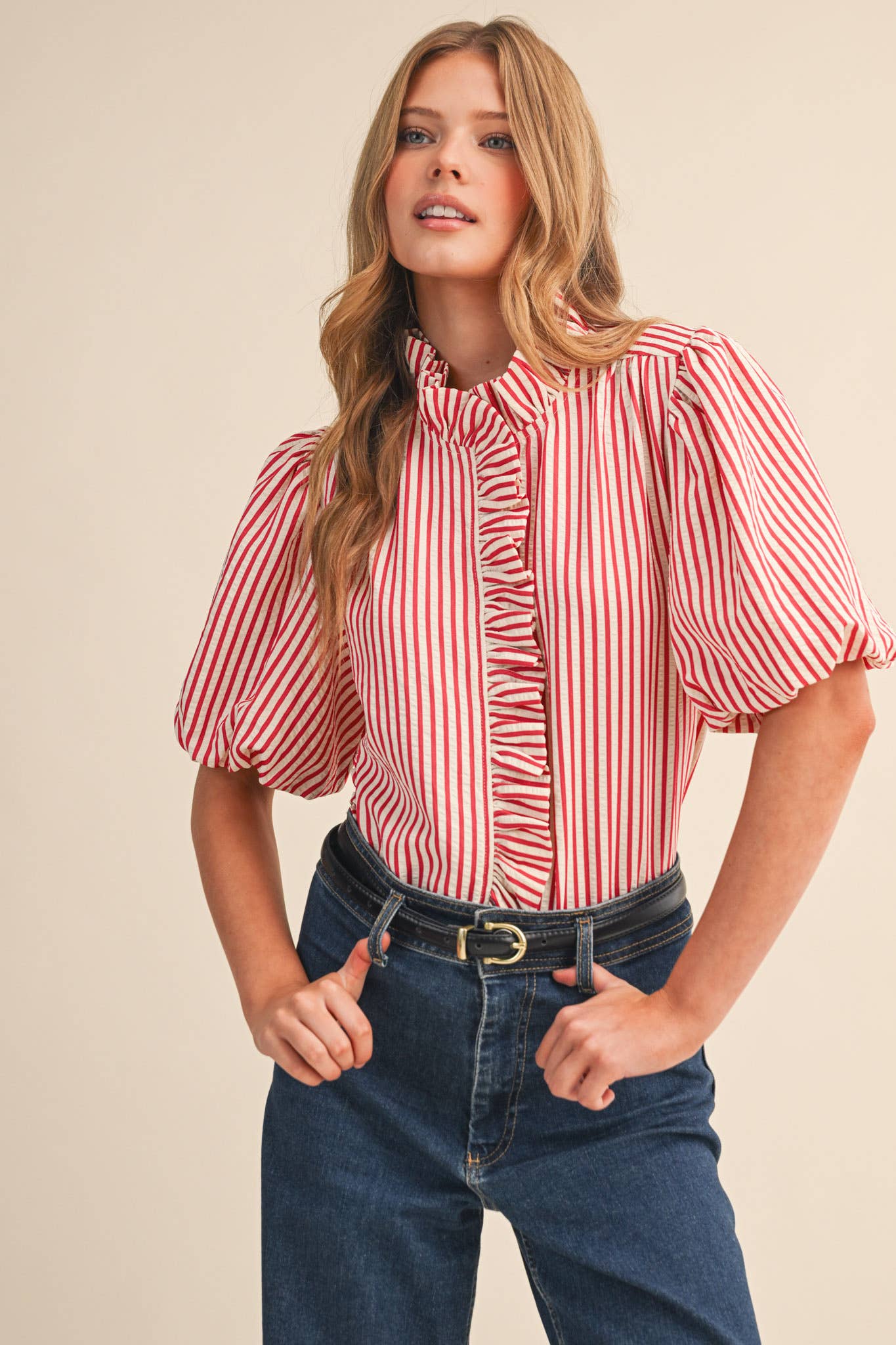 STRIPED RUFFLED BUTTON DOWN TOP