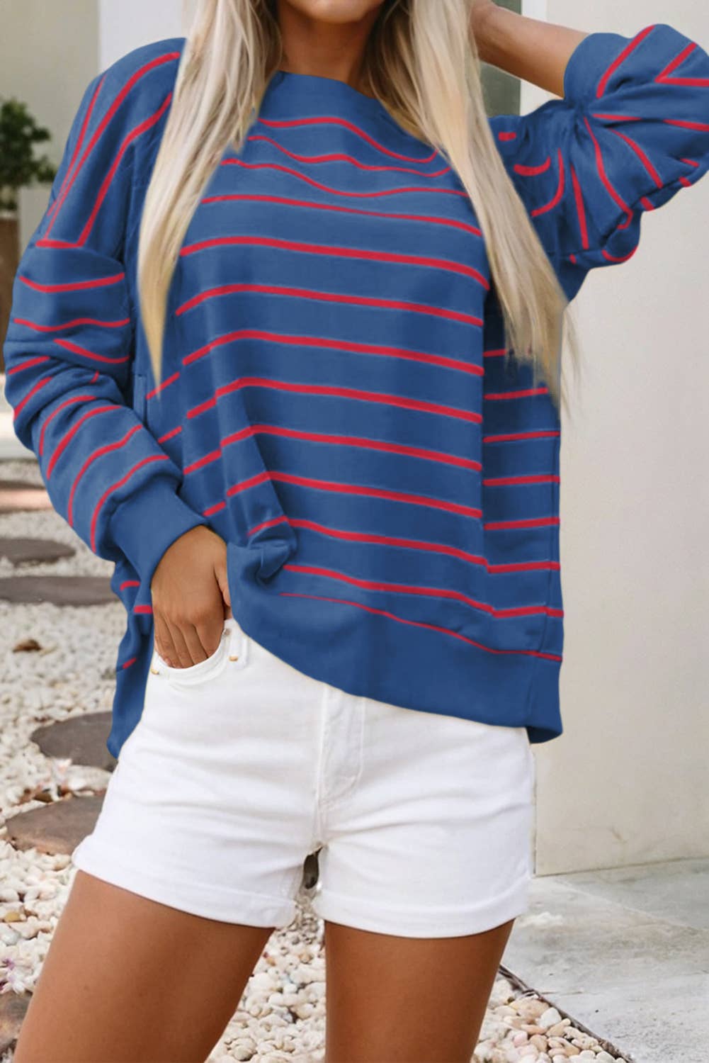 LDC Stripe Stylish Overlap Detail Drop Shoulder Sweatshirt: Yellow / M