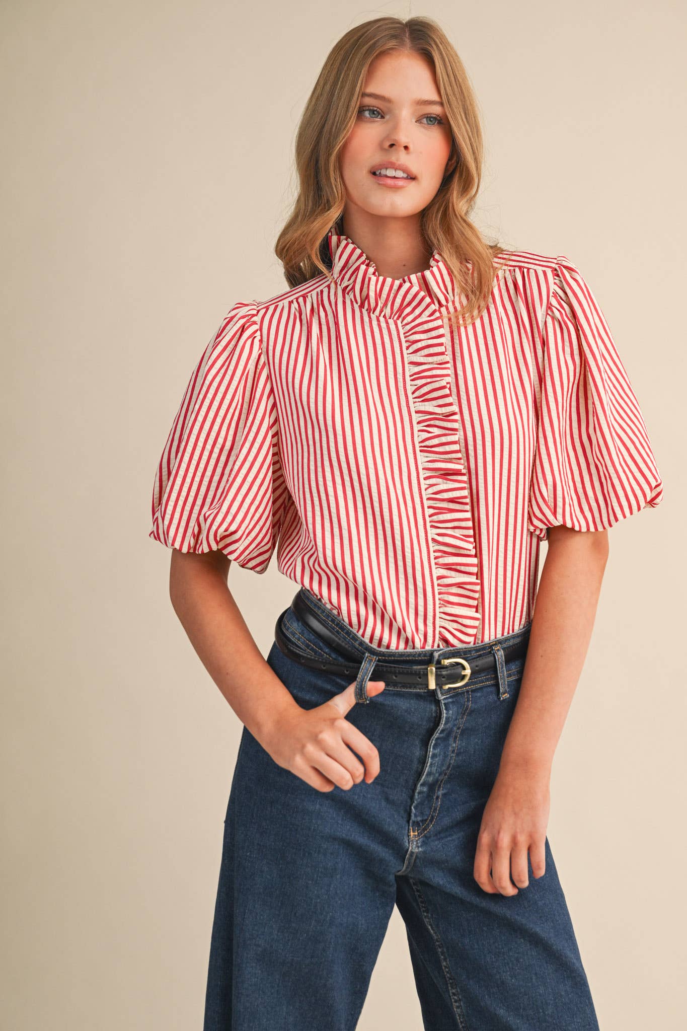 STRIPED RUFFLED BUTTON DOWN TOP