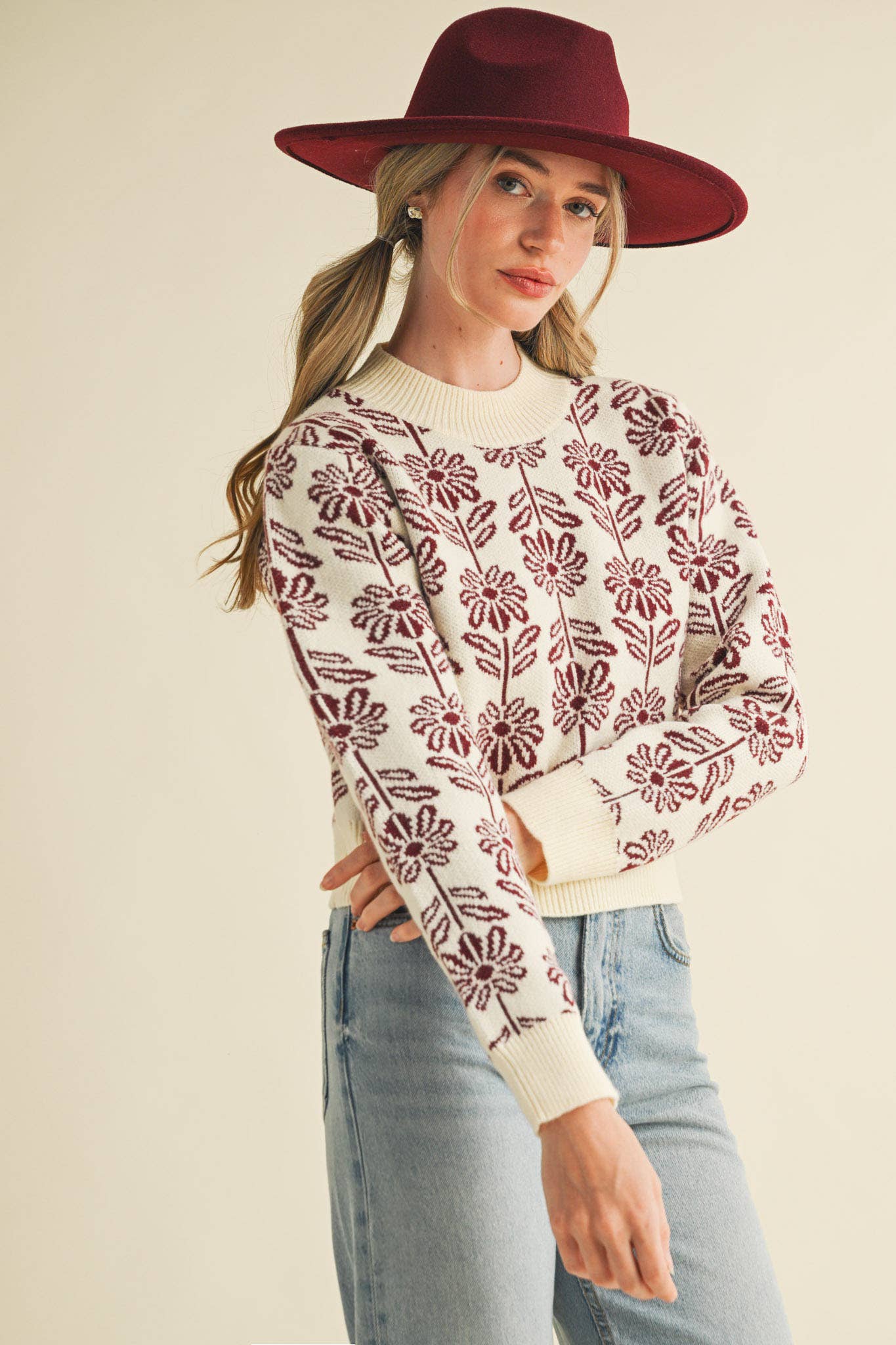 FLORAL PATTERN KNIT SWEATER TANGERINE TANGO