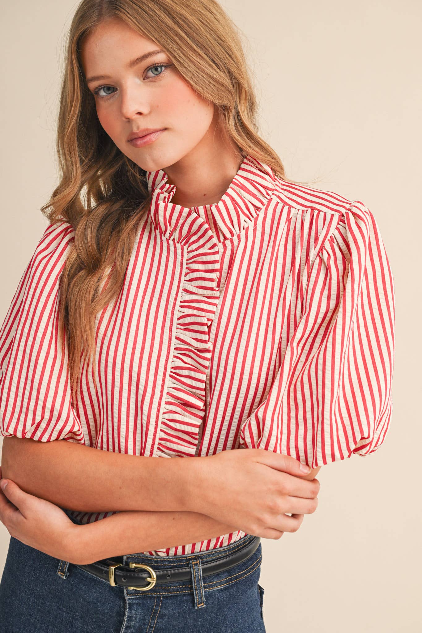 STRIPED RUFFLED BUTTON DOWN TOP