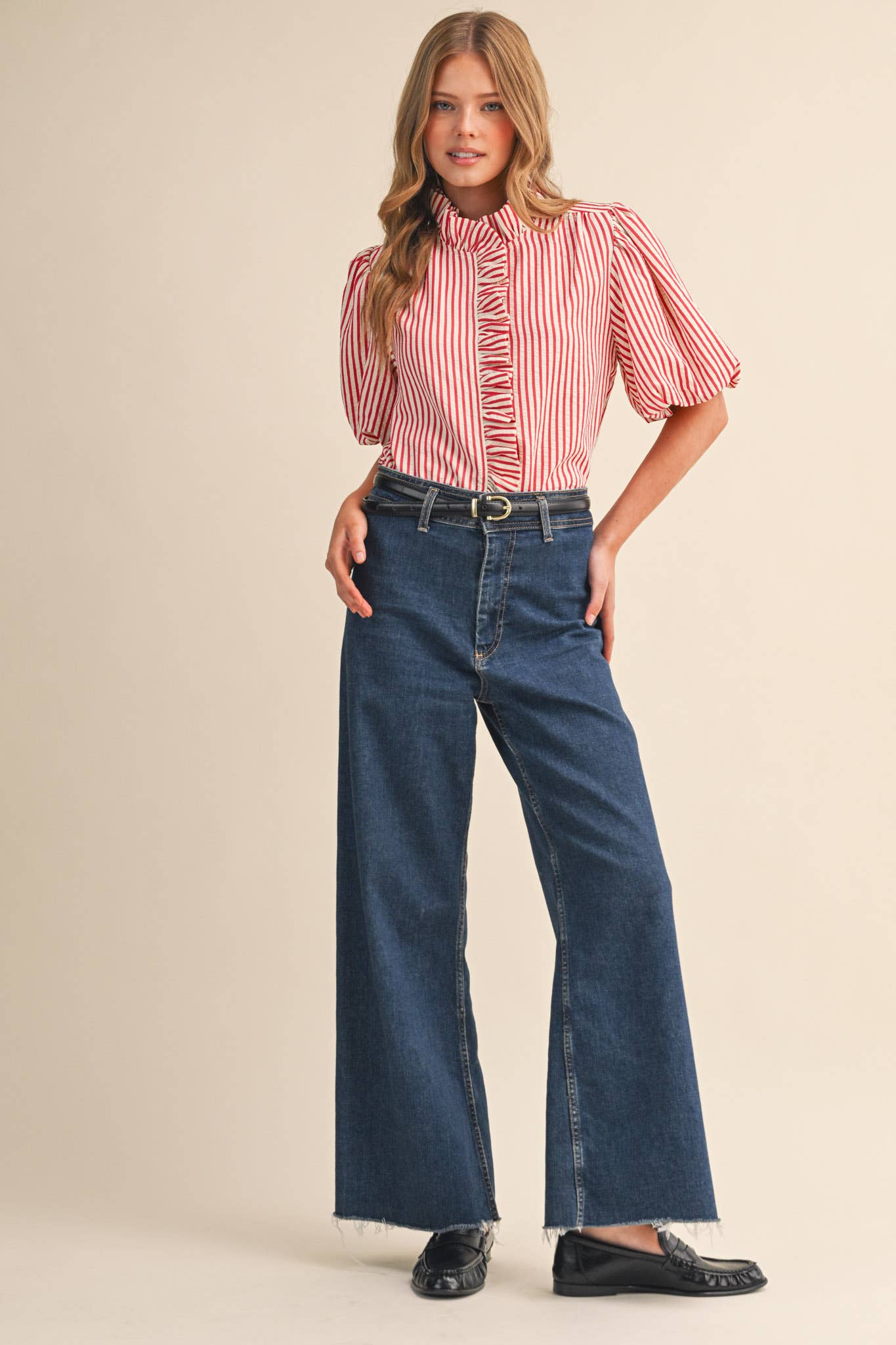 STRIPED RUFFLED BUTTON DOWN TOP