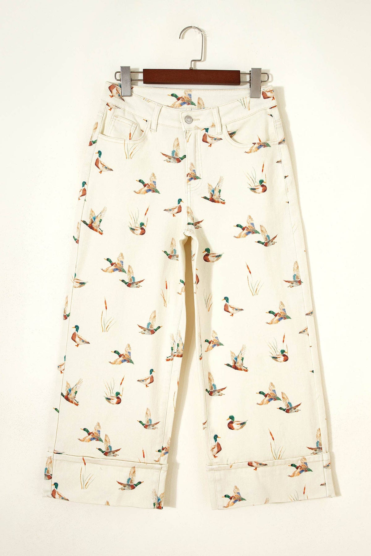 LDC Stylish Mallard Printed Cuffed Hem Shift Jeans: Beige / 10