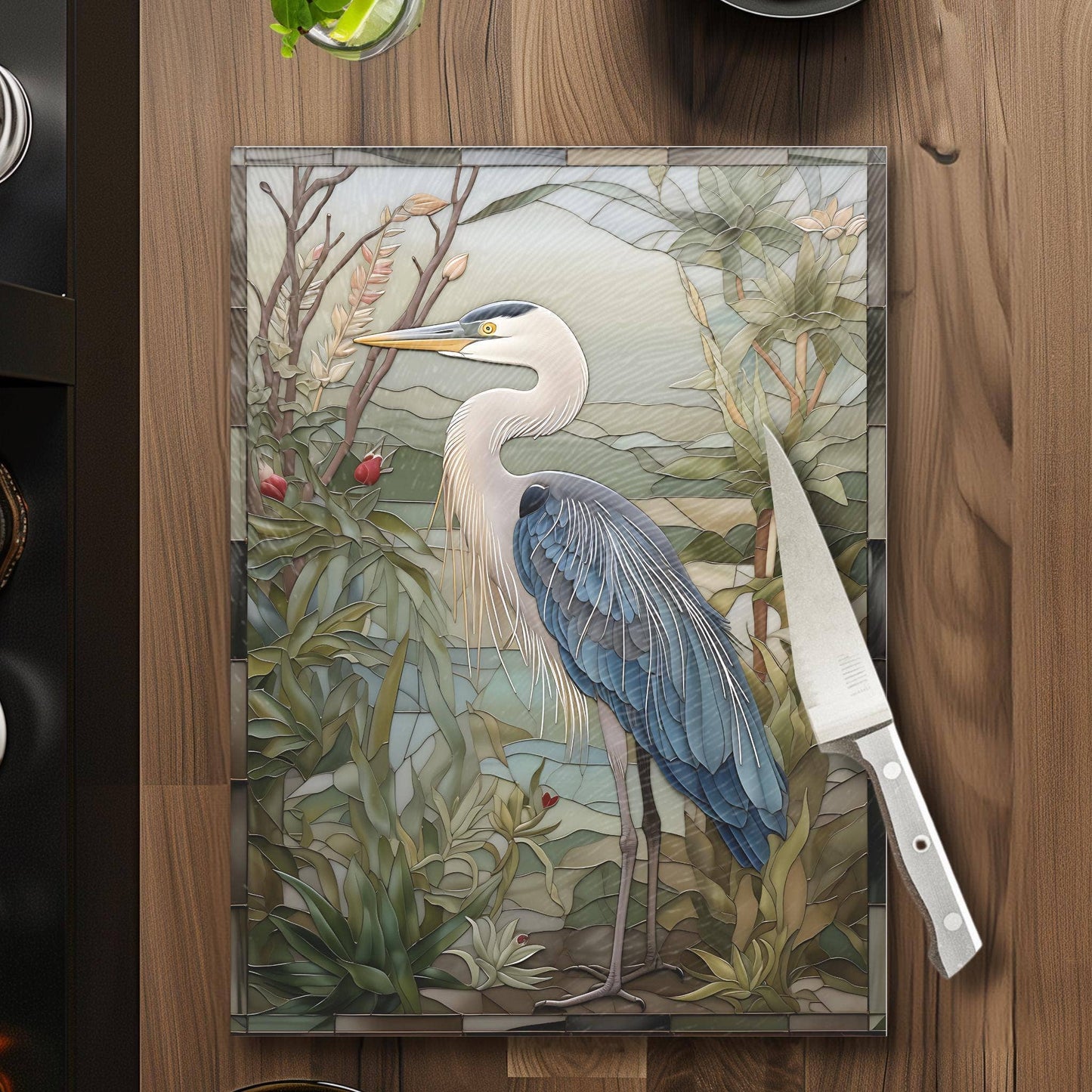 Blue Heron Tempered Glass Kitchen Cutting Board: 11x15 inch