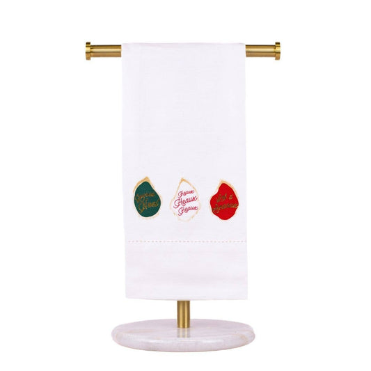 Oyster Noel Hemstitch Hand Towel   White/Dark Green/Red/Gold   20x28