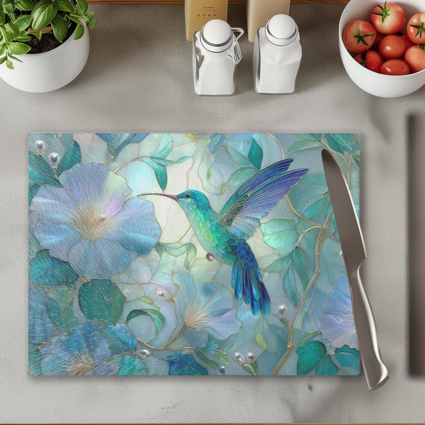 Hummingbird Tempered Glass Cutting Board & Serving Tray: 8x11 inch