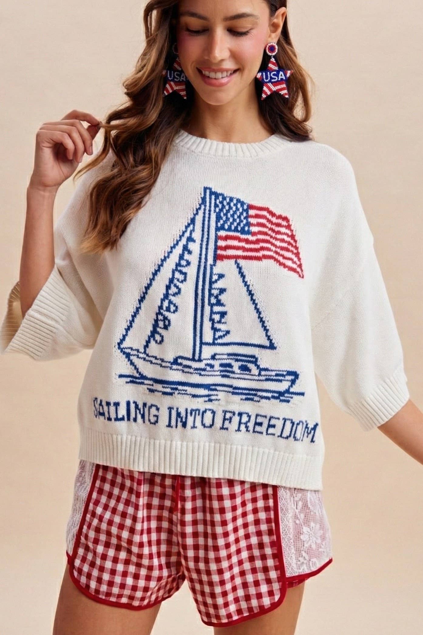 4th Of July Sailor Boat And Usa Flag Graphic Sweater
