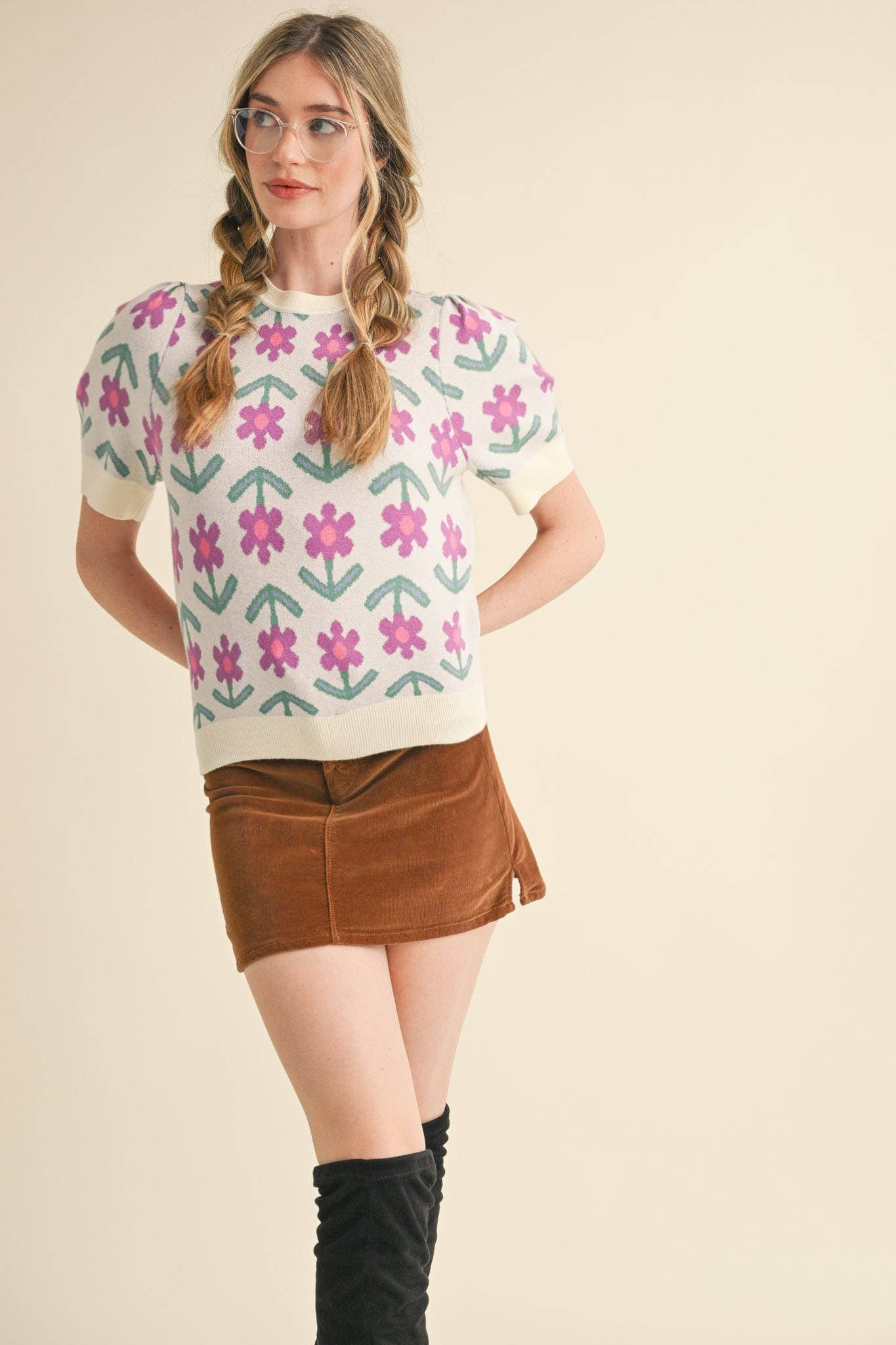 SHORT SLEEVE FLORAL KNIT SWEATER CREAM