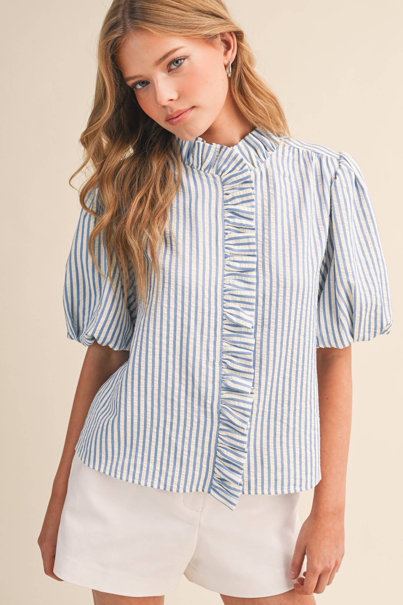 STRIPED RUFFLED BUTTON DOWN TOP