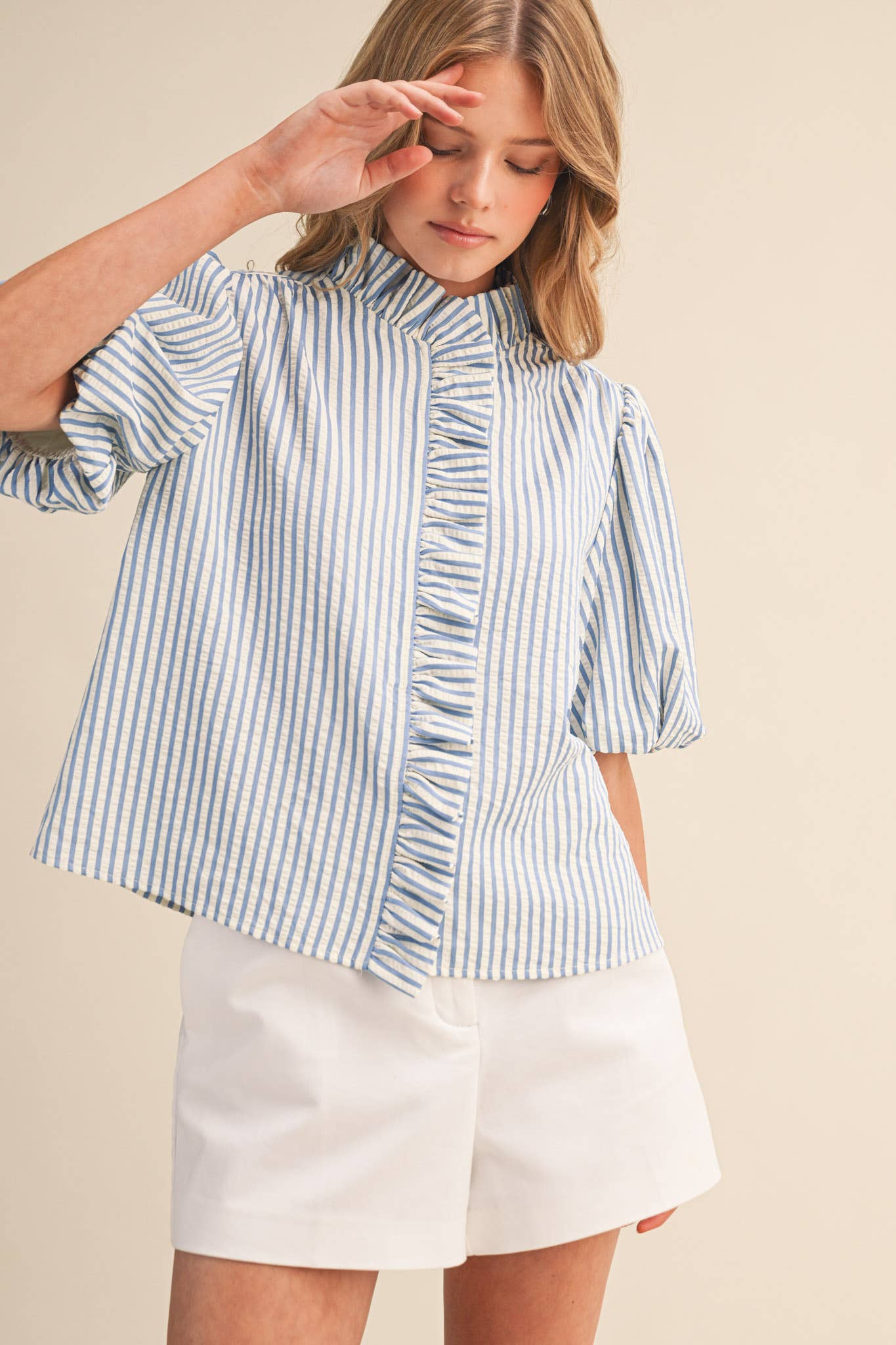 STRIPED RUFFLED BUTTON DOWN TOP