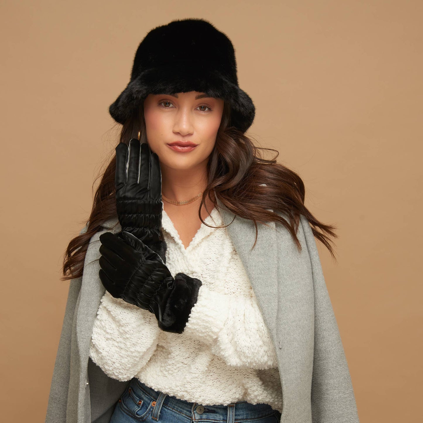 Spencer Faux Fur Cuff Texting Winter Gloves: Cream