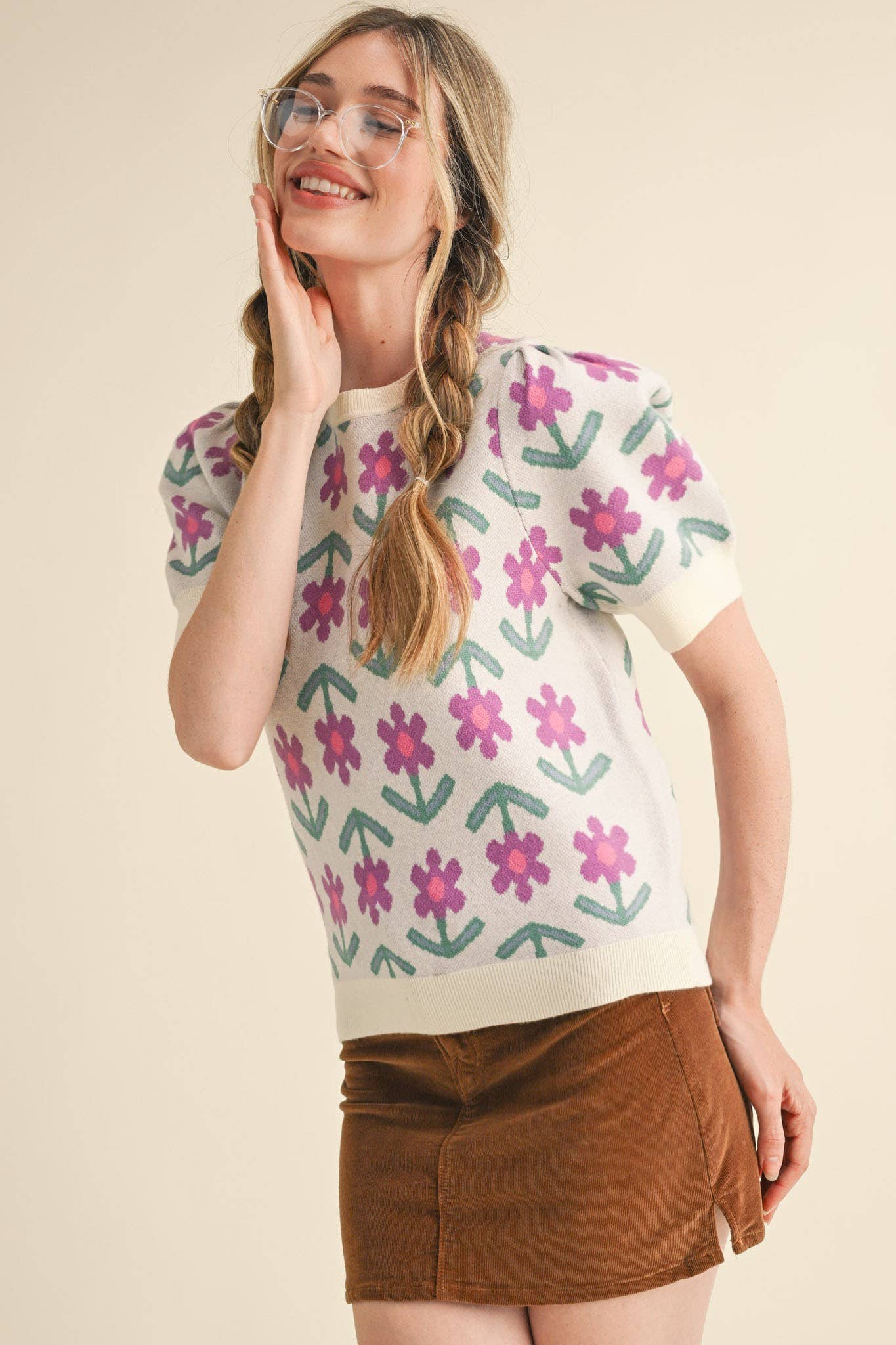 SHORT SLEEVE FLORAL KNIT SWEATER CREAM