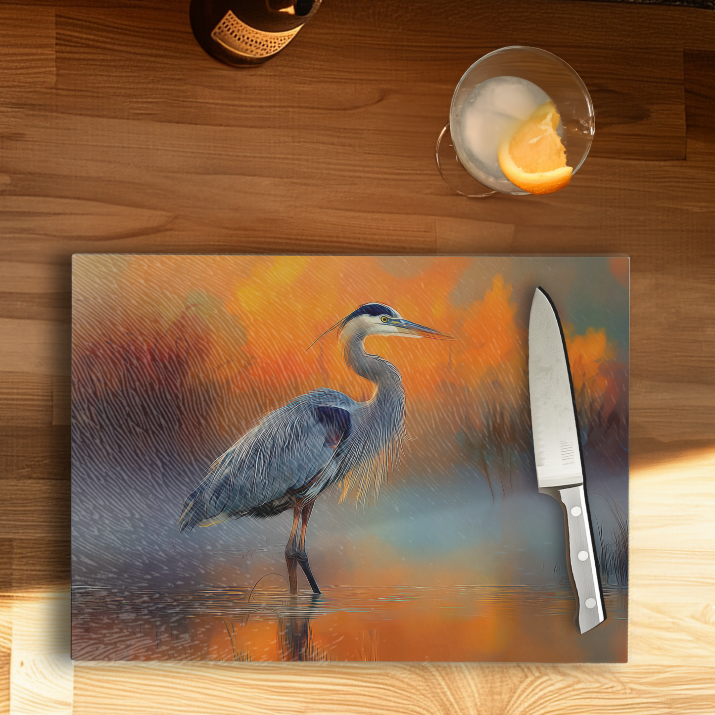 Blue Heron Tempered Glass Kitchen Cutting Board: 8x11 inch