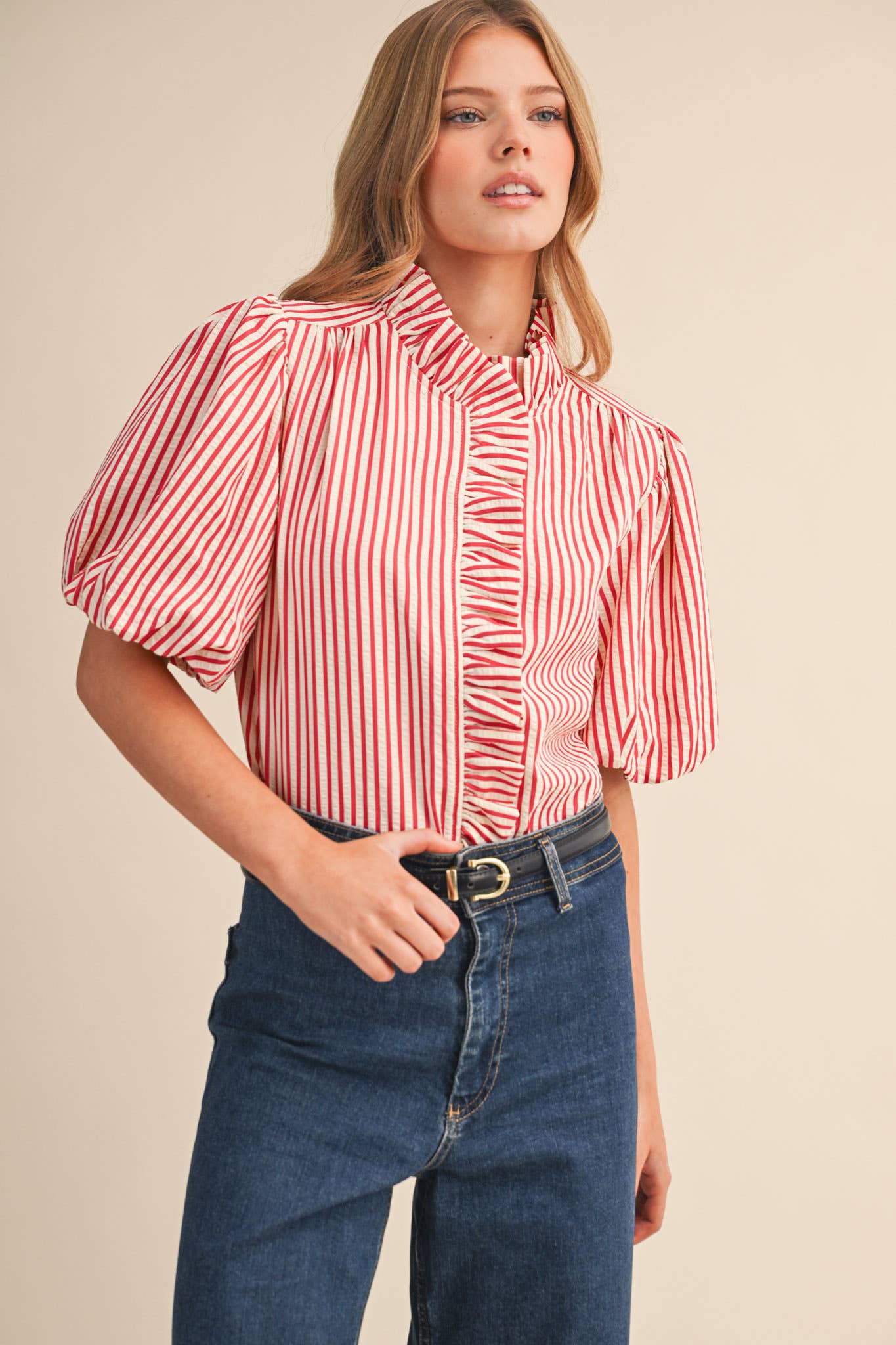 STRIPED RUFFLED BUTTON DOWN TOP