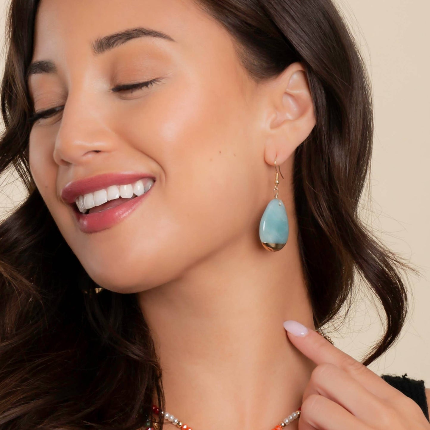 Nalani Teardrop Genuine Stone Gold Dipped Drop Earring: Amazonite