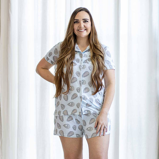 Awe Shucks Short Sleeve Button Up Sleep Shirt   Ice/Gray