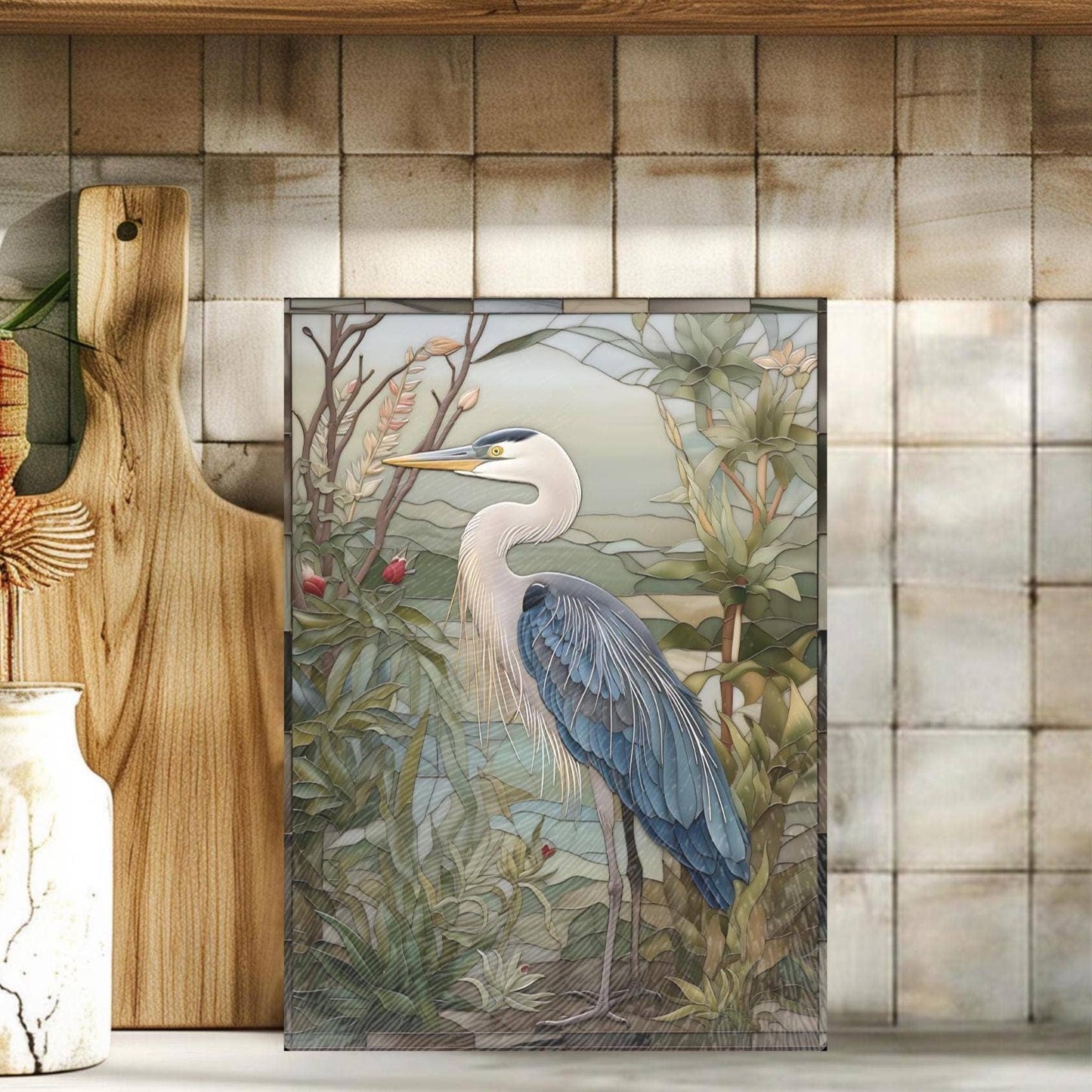 Blue Heron Tempered Glass Kitchen Cutting Board: 11x15 inch