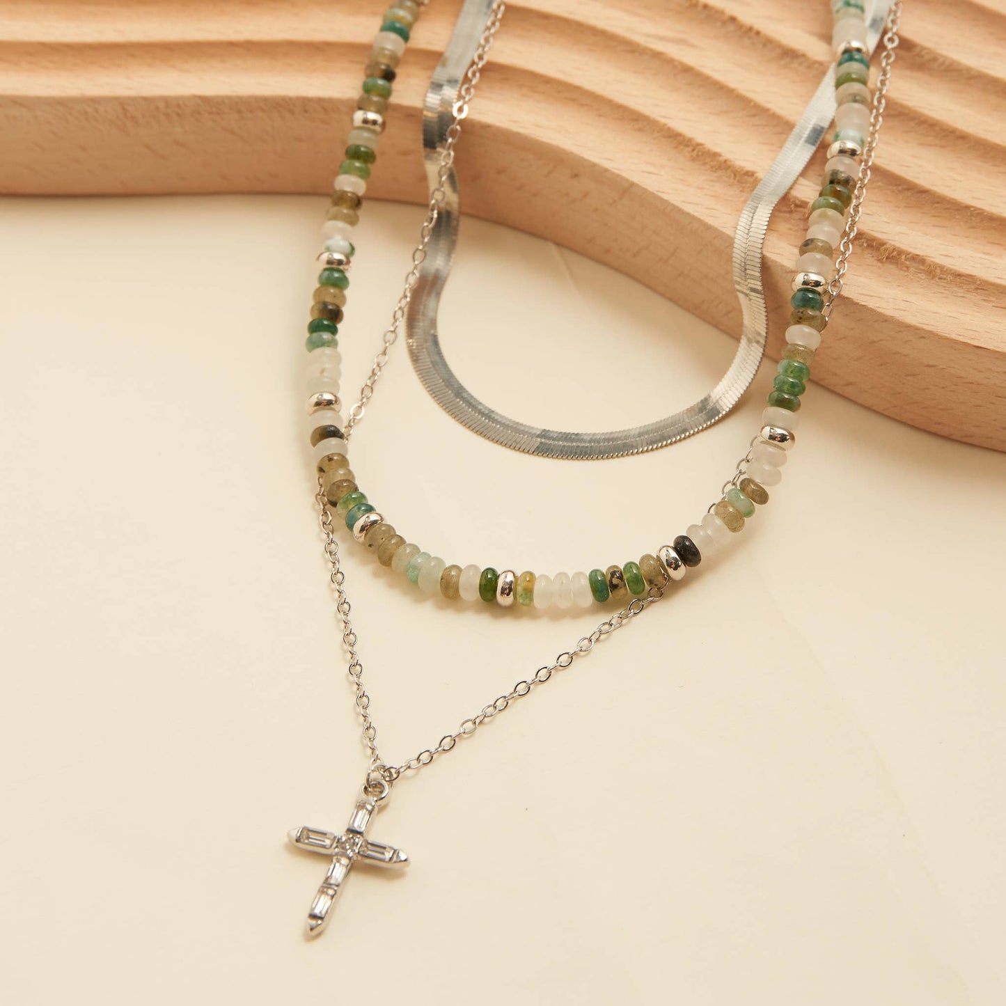 Eliana Beaded Layered Cross 18" Pendant Necklace: Gold