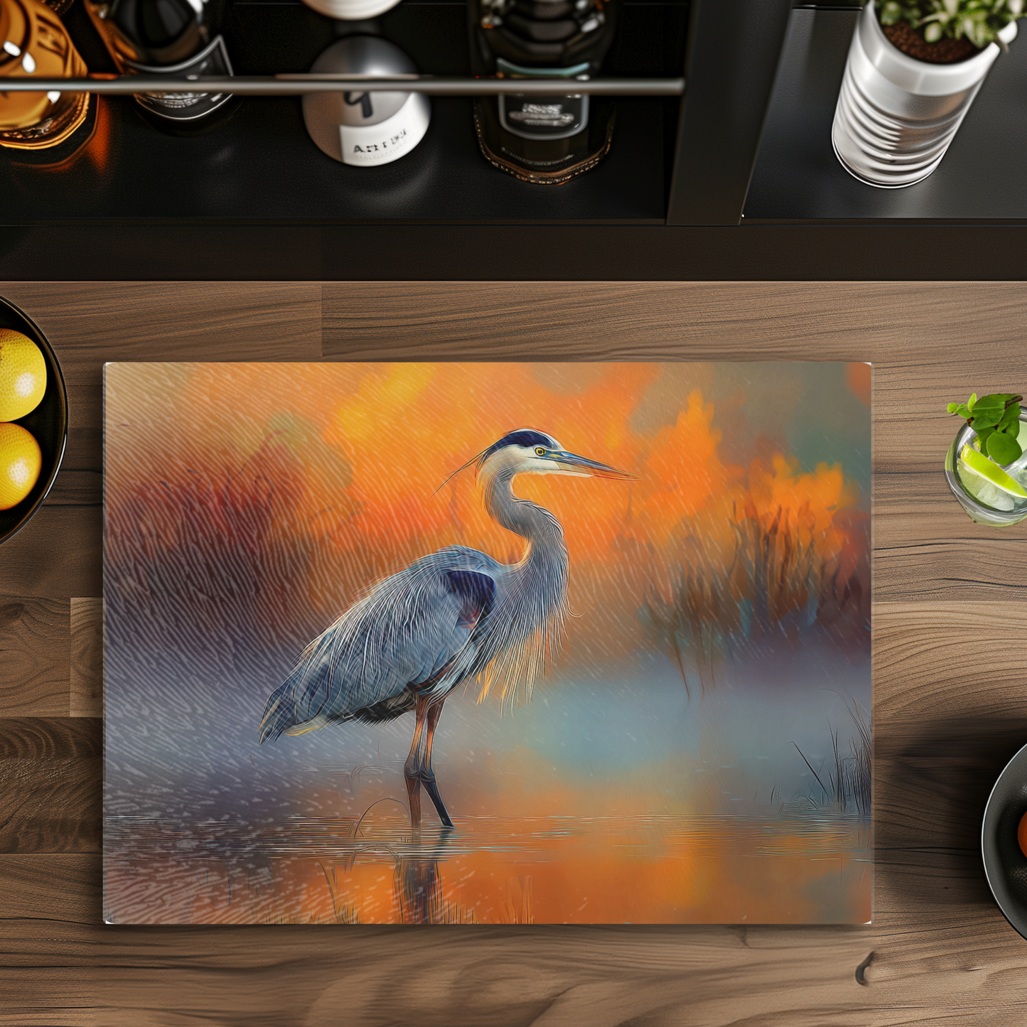 Blue Heron Tempered Glass Kitchen Cutting Board: 8x11 inch