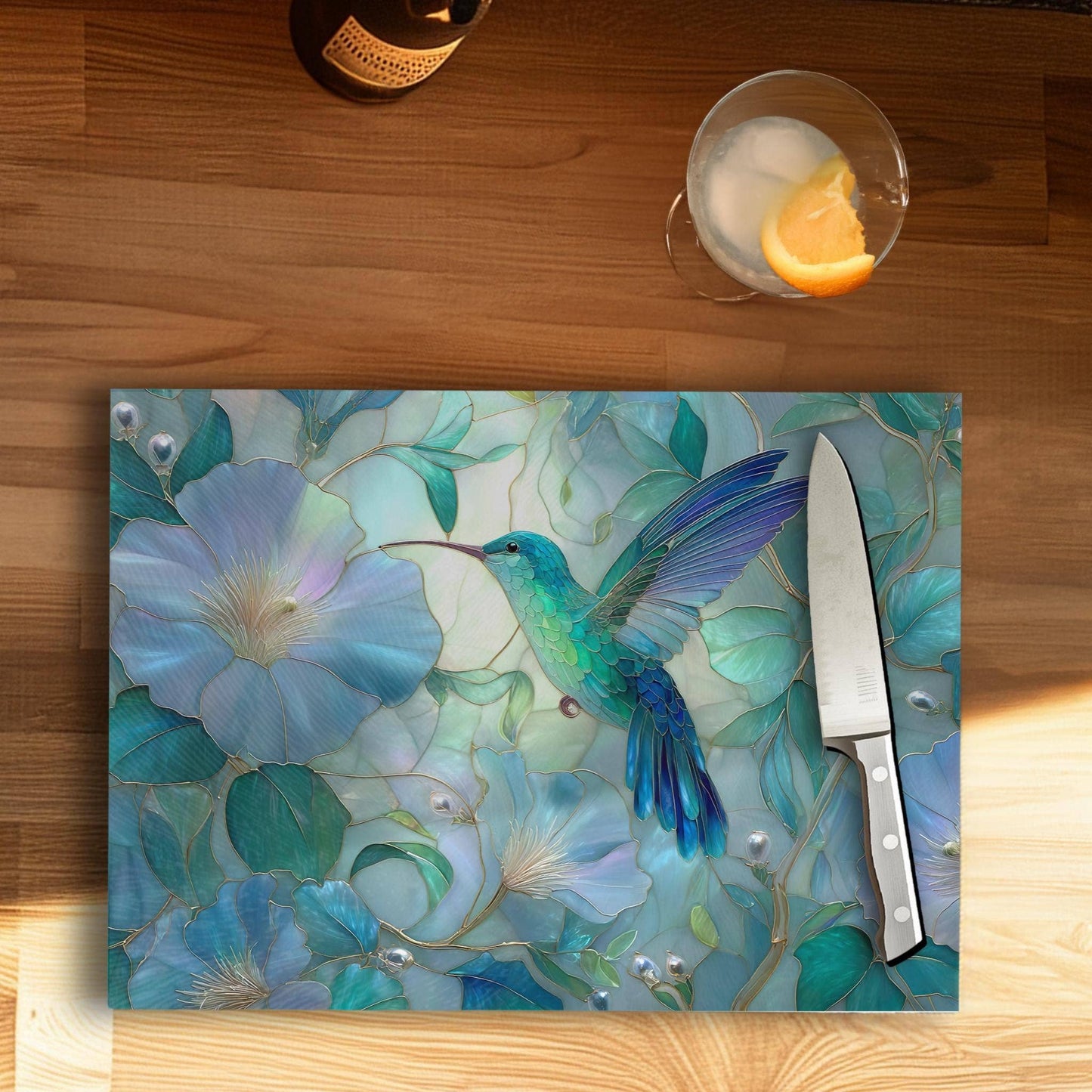 Hummingbird Tempered Glass Cutting Board & Serving Tray: 8x11 inch