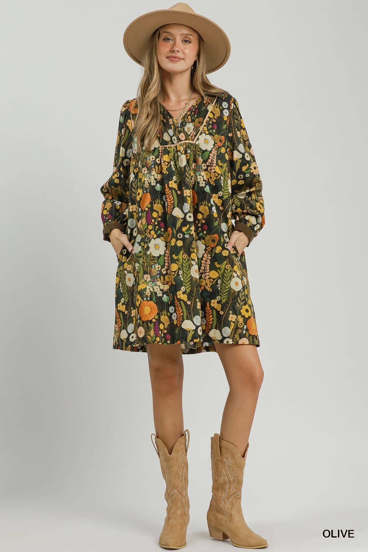 Floral Print Smocked Yoke Babydoll Dress: OLIVE
