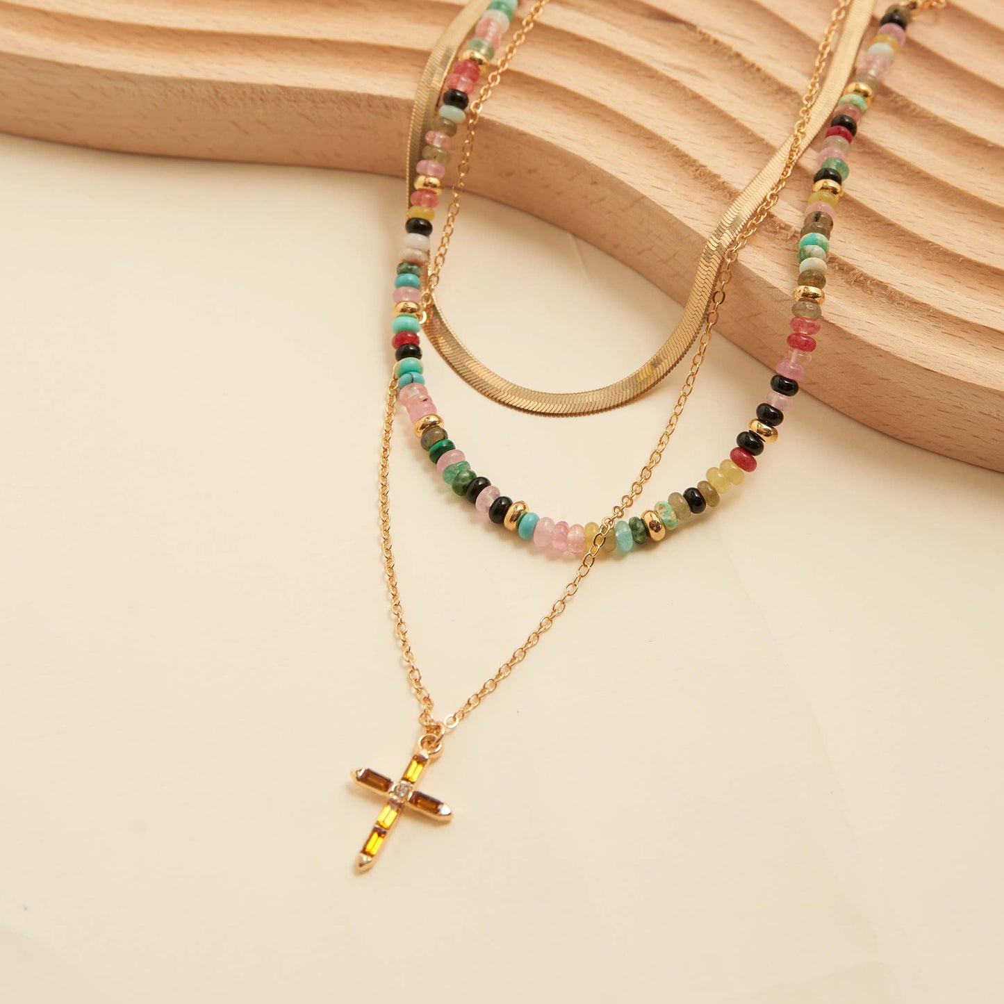 Eliana Beaded Layered Cross 18" Pendant Necklace: Gold